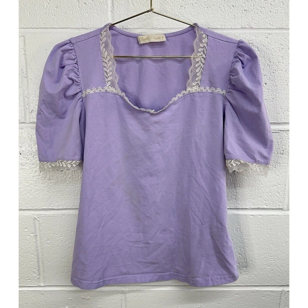 Belle Poque‎ Puff Sleeve Top Purple Eyelet Lace Retro / Women's Medium